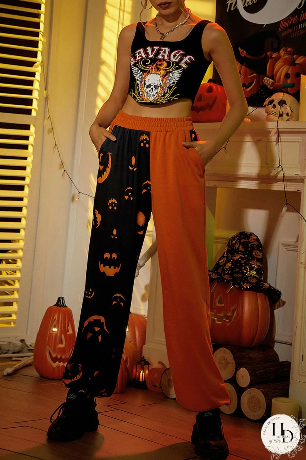 Red Street Print Split Joint Straight High Waist Straight Positioning Print Bottoms