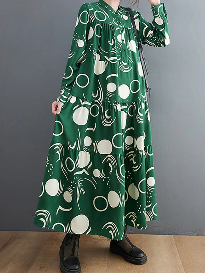 Fashion Button Long Sleeve Print Shirt Dress