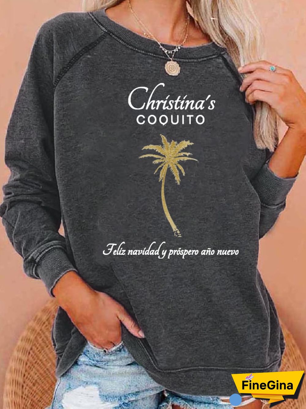 Women's Christmas Goldtone Palm Tree Print Casual Sweatshirt
