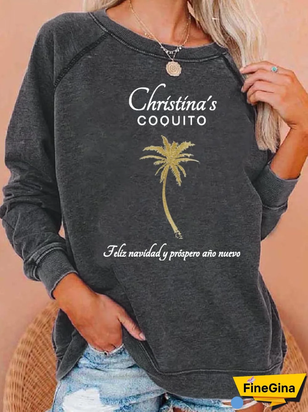 Women's Christmas Goldtone Palm Tree Print Casual Sweatshirt