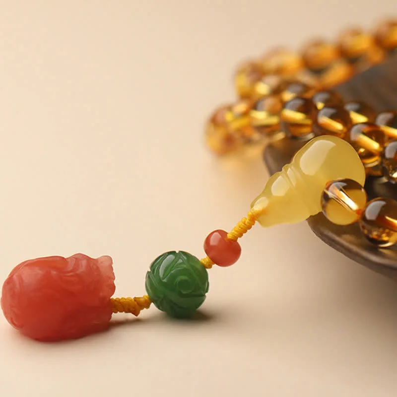 Natural Citrine Amber 108 Mala Beads Peace Buckle Red Agate PiXiu Protection Charm Bracelet