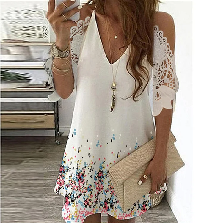 Summer Retro Floral Print Casual Off Shoulder Lace Hollow V Neck Party Mini Dress