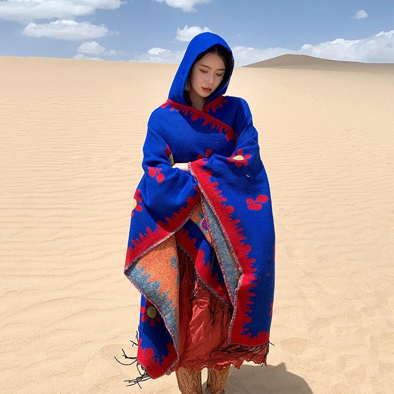 Ethnic Style Hooded Shawl Cloak Lijiang Xinjiang Tibet Northwest Tourism Wear Photograph Warm Outer Cape