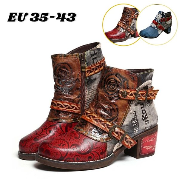 Retro Women's Leather Boots Thick Heel National Style Pattern Button Zipper Winter Ankle Boots - Shop Trendy Women's Fashion | TeeYours