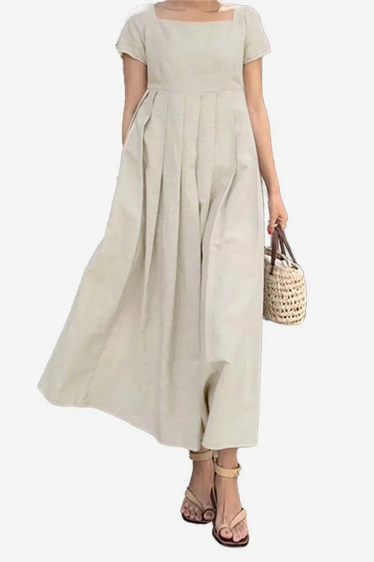 Short Sleeve Square Neck Pleated Linen Maxi Dress