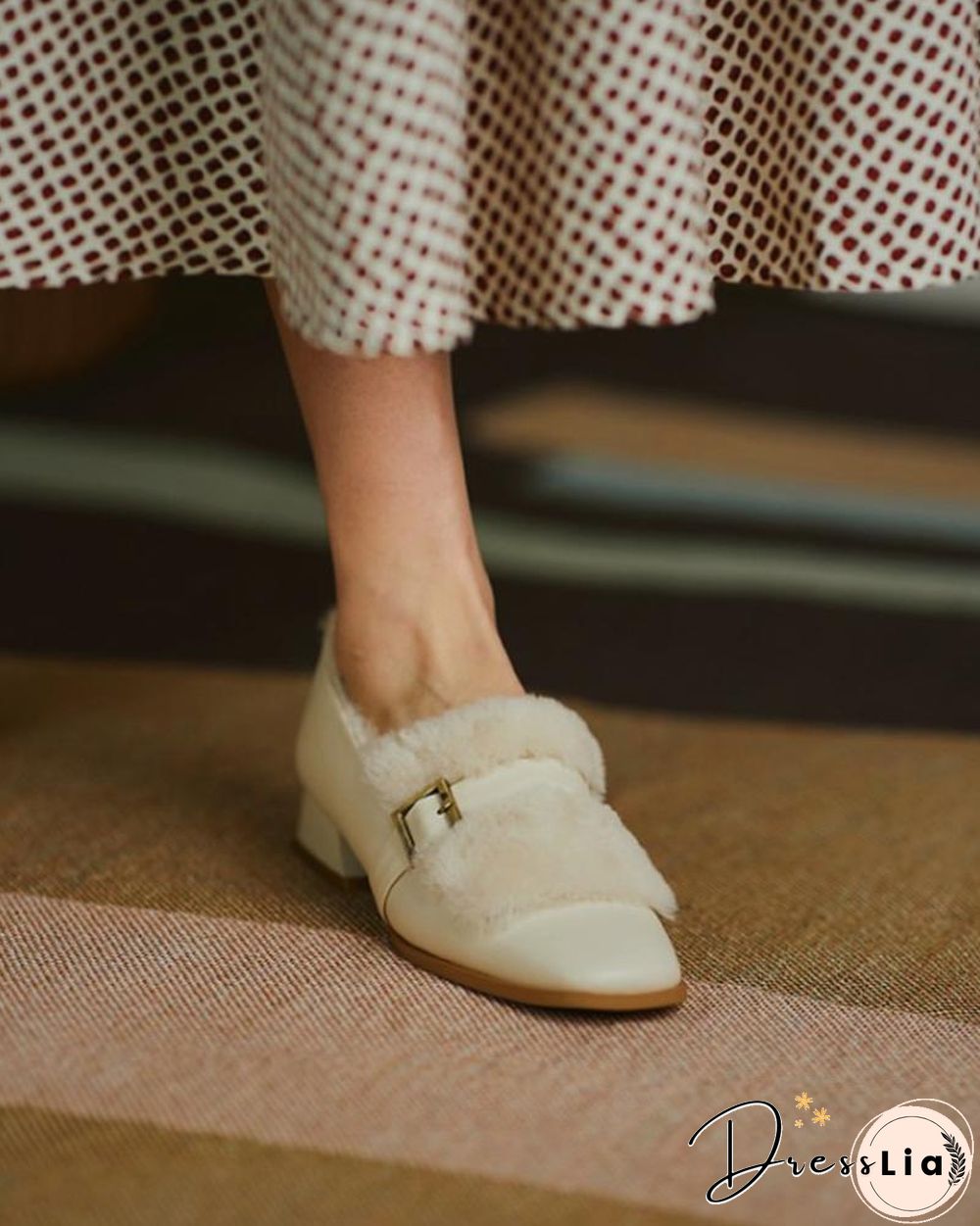 Solid One Buckle Fluffy Low Heel Loafers Slip-on