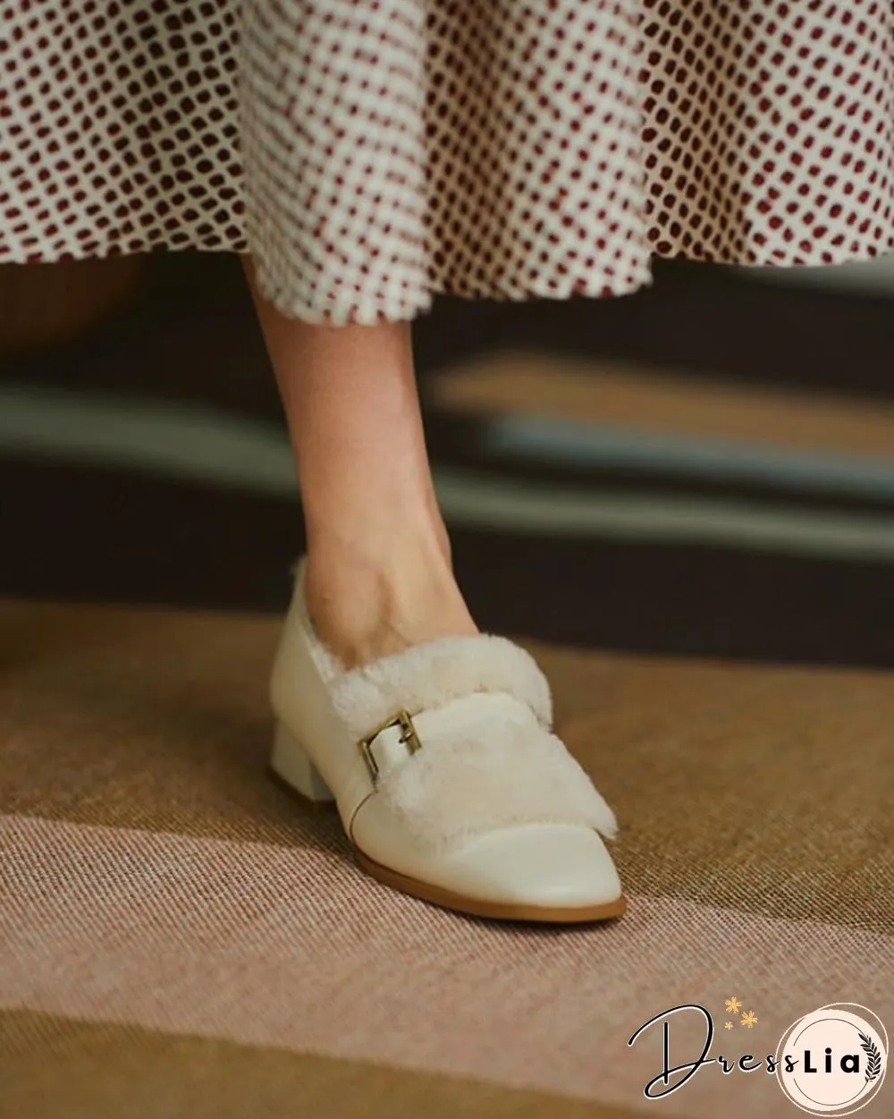 Solid One Buckle Fluffy Low Heel Loafers Slip-on
