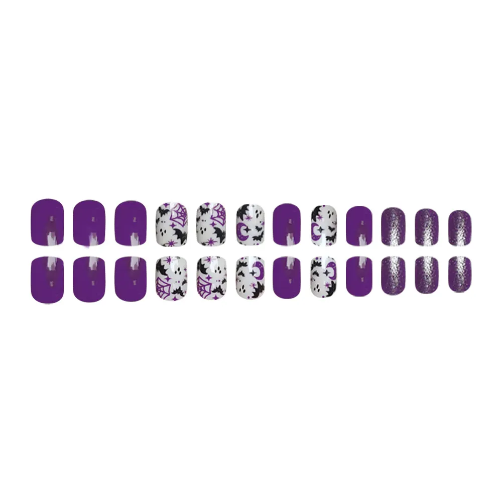 Churchf Short Square Nail Purple Flash Pink Ghost Spider Web Halloween Element Fake Nail Products Wear Nail Holiday Nail
