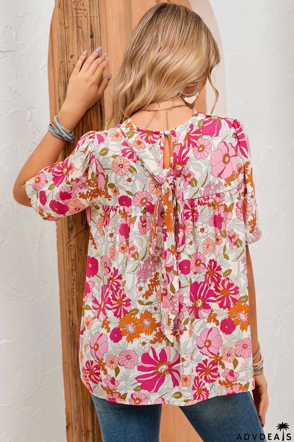 Floral Puff Sleeve Tied Blouse