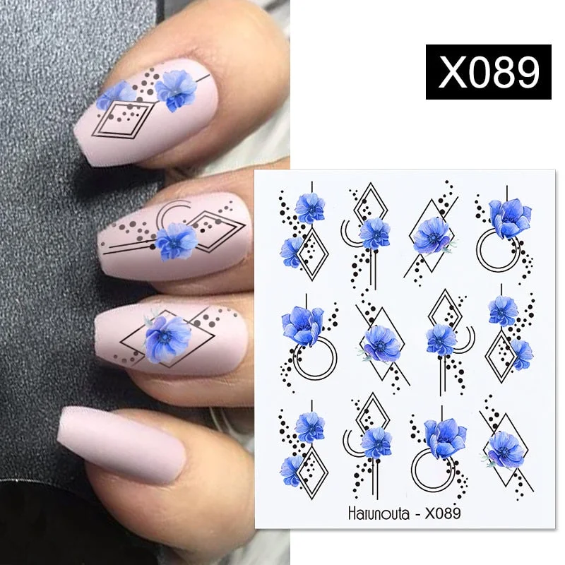 Harunouta Black Lines Flower Leaves Water Decals Stickers Floral Face Marble Pattern Slider For Nails Summer Nail Art Decoration-Nail Inspo