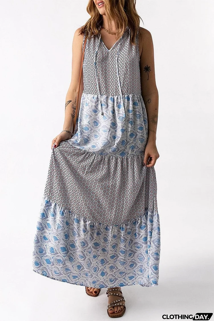 Mixed Print Tie-Neck Sleeveless Maxi Dress