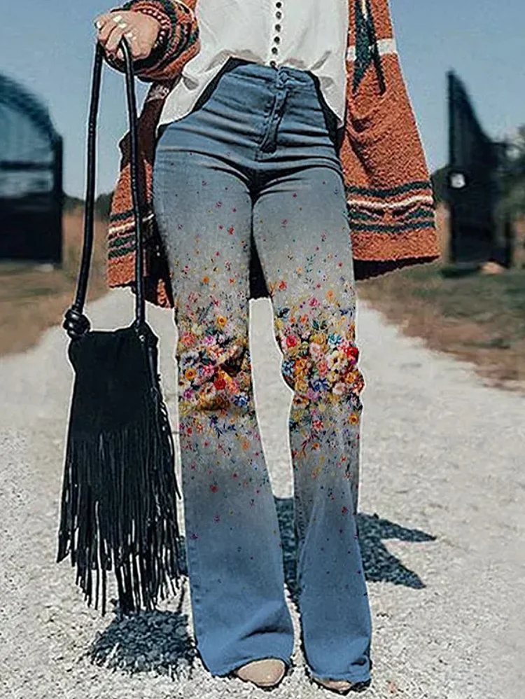 Casual High-rise Floral Pattern Flare Leg Jeans
