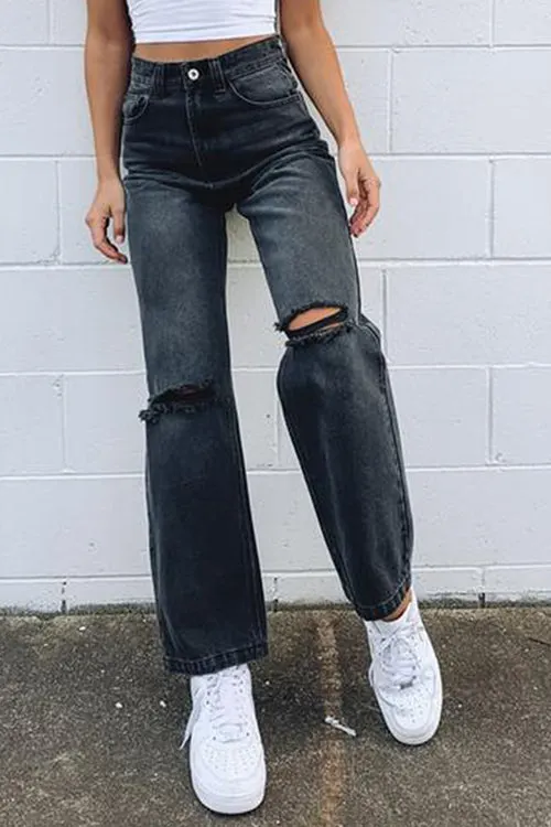 Black Borken Hole Straight Leg Jeans