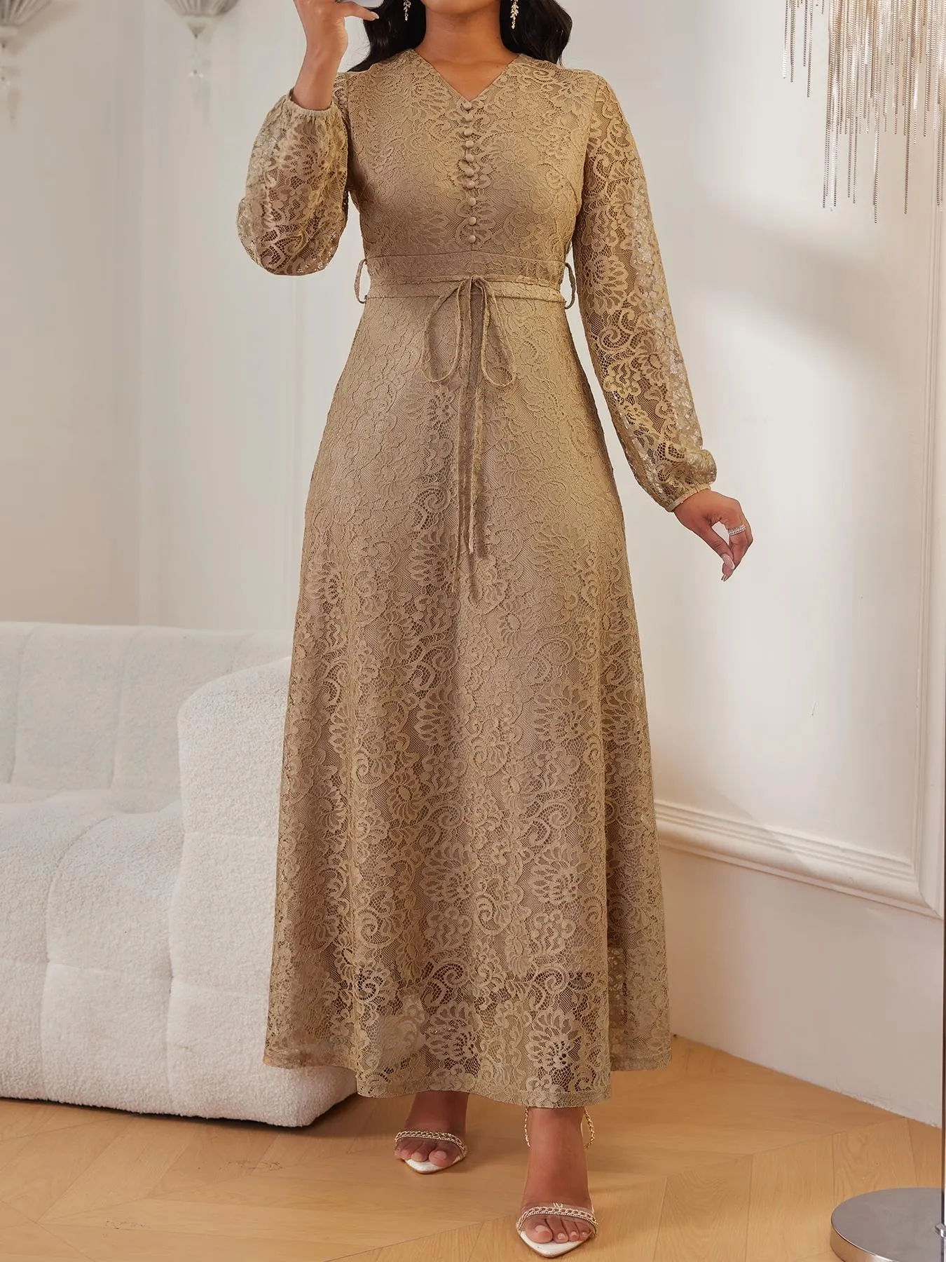 Women's Lace V-Neck Long Sleeve Dress, Elegant Chic Belted Waist, Slim Fit, Plain Color, Wedding Evening Formal Occasion, Spring & Fall