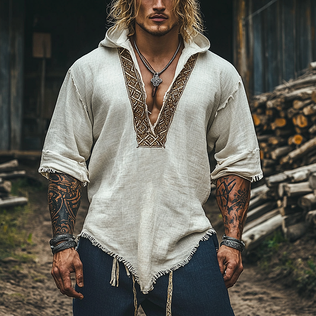  Embroidered V-Neck Tunic with Tribal Design for Men-inspireuse