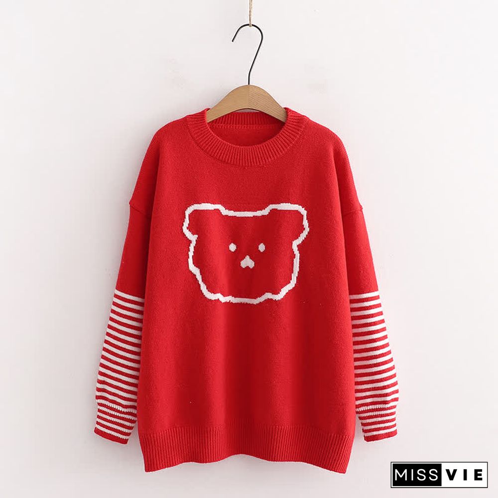 Cartoon Bear Pattern Stripe Sleeve Knit Sweater