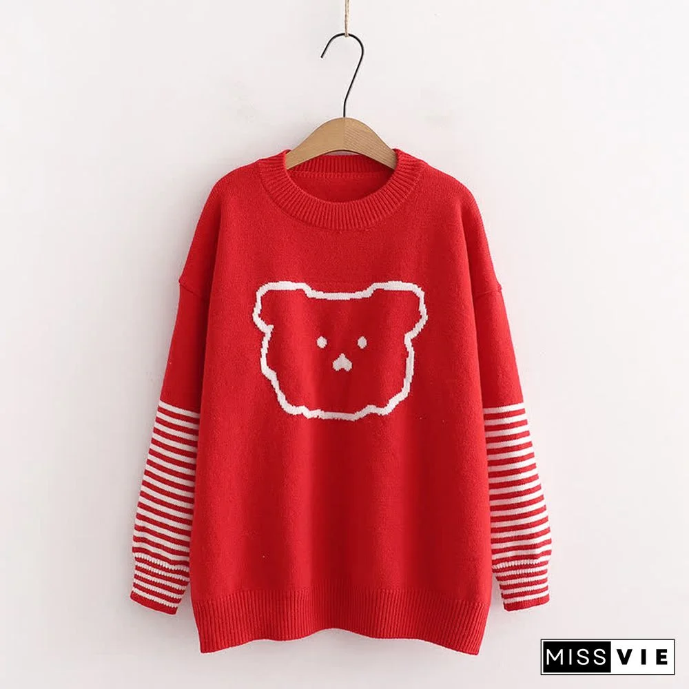 Cartoon Bear Pattern Stripe Sleeve Knit Sweater
