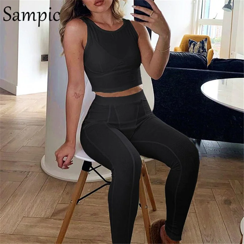 Sampic Women Tracksuit Sexy White Black Pants Set Off Shoulder Sport Tops And Bodycon Biker Pants Two Piece Set Outfits Summer