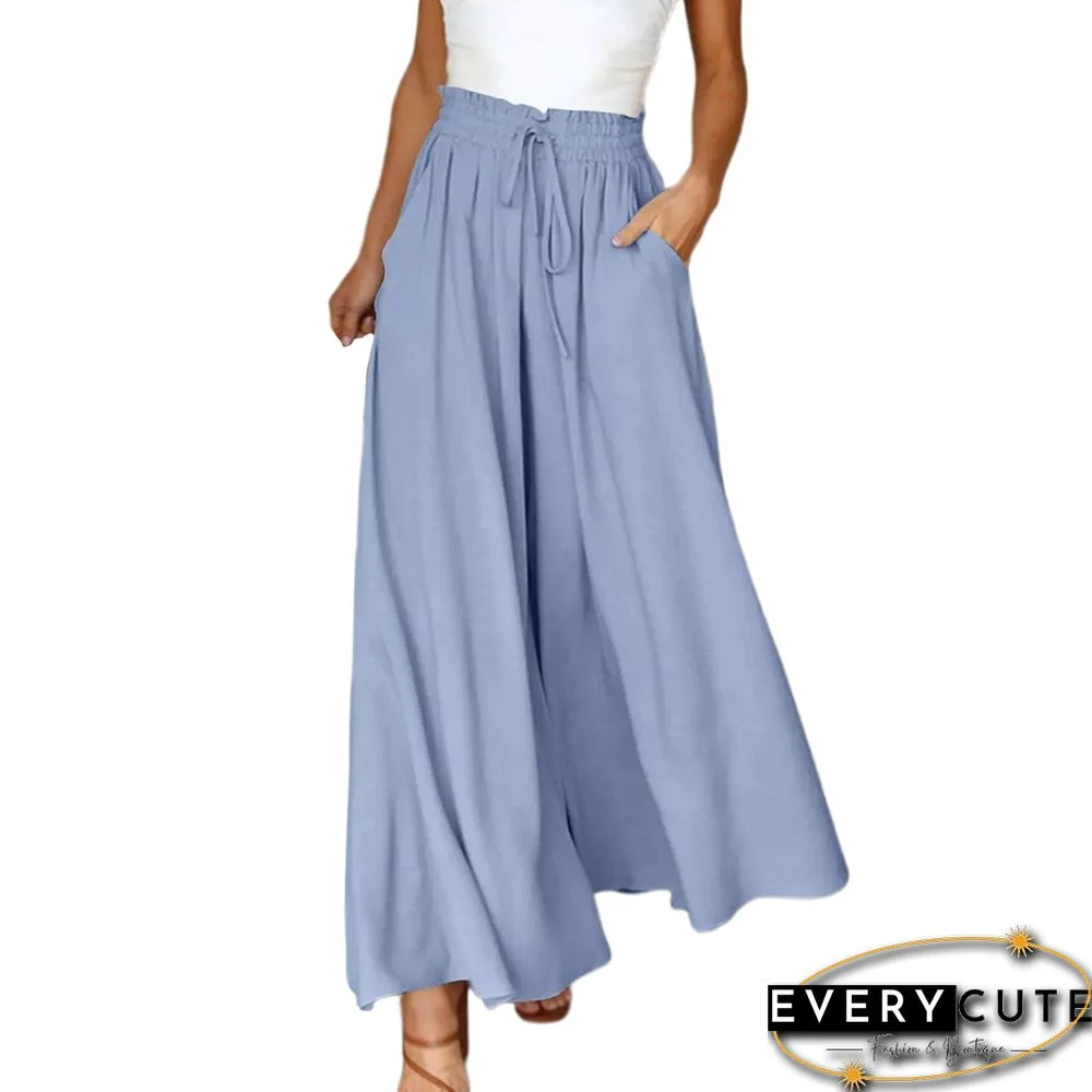 Light Blue Elastic Waistband Wide Leg Long Culottes