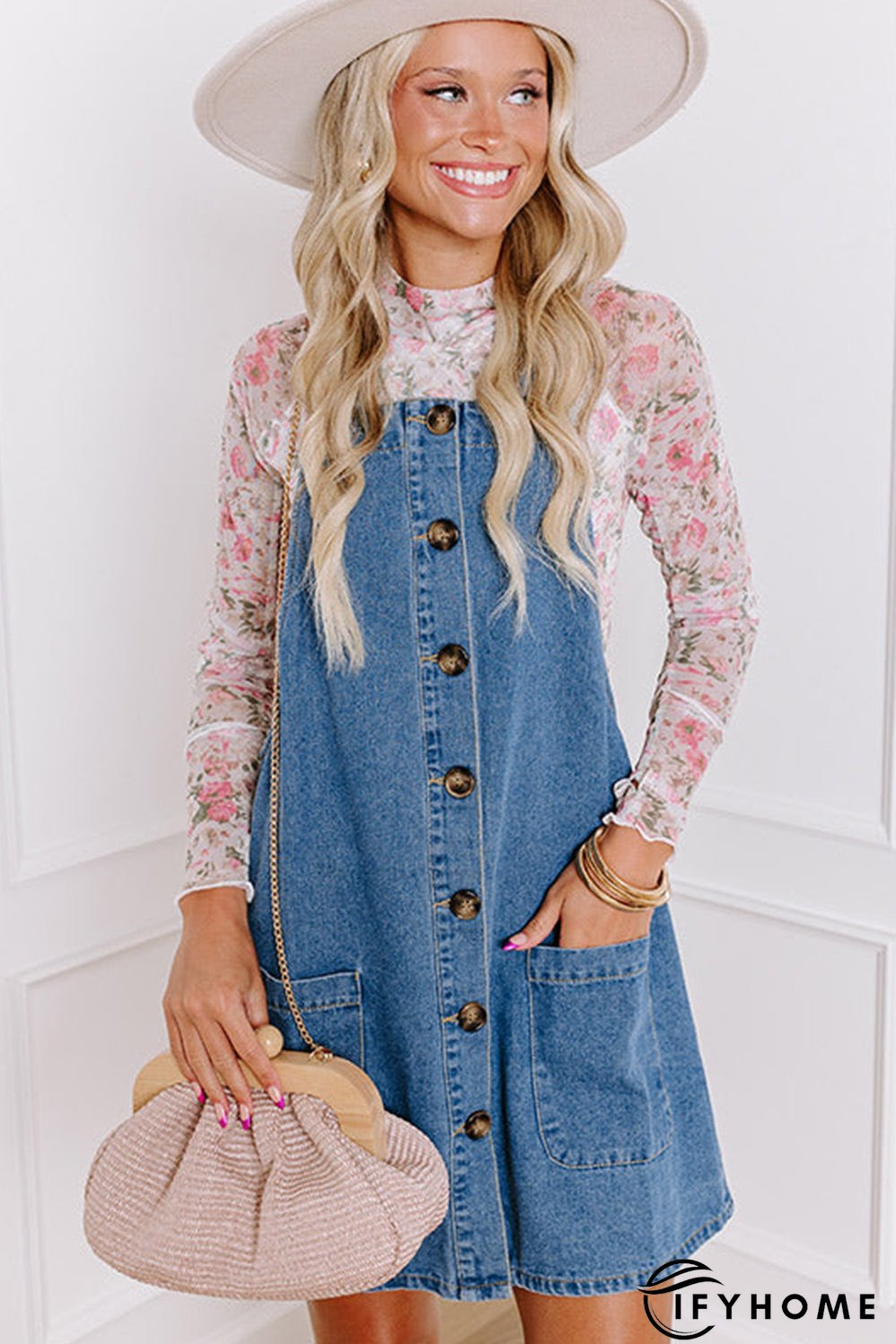 Dusk Blue Wide Strap Button Front Pocketed Denim Mini Dress | IFYHOME