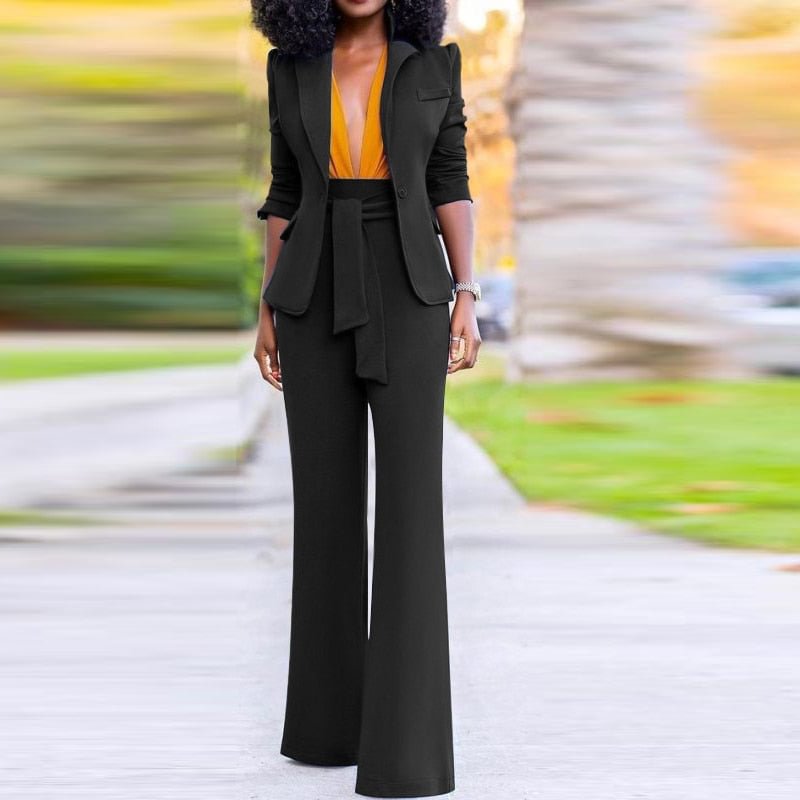 Women Lady Sets 2022 VONDA Sexy Office Blazer Turn-down Collar Suit High Waist Pants With Belt Palazzo Pants Matching Sets