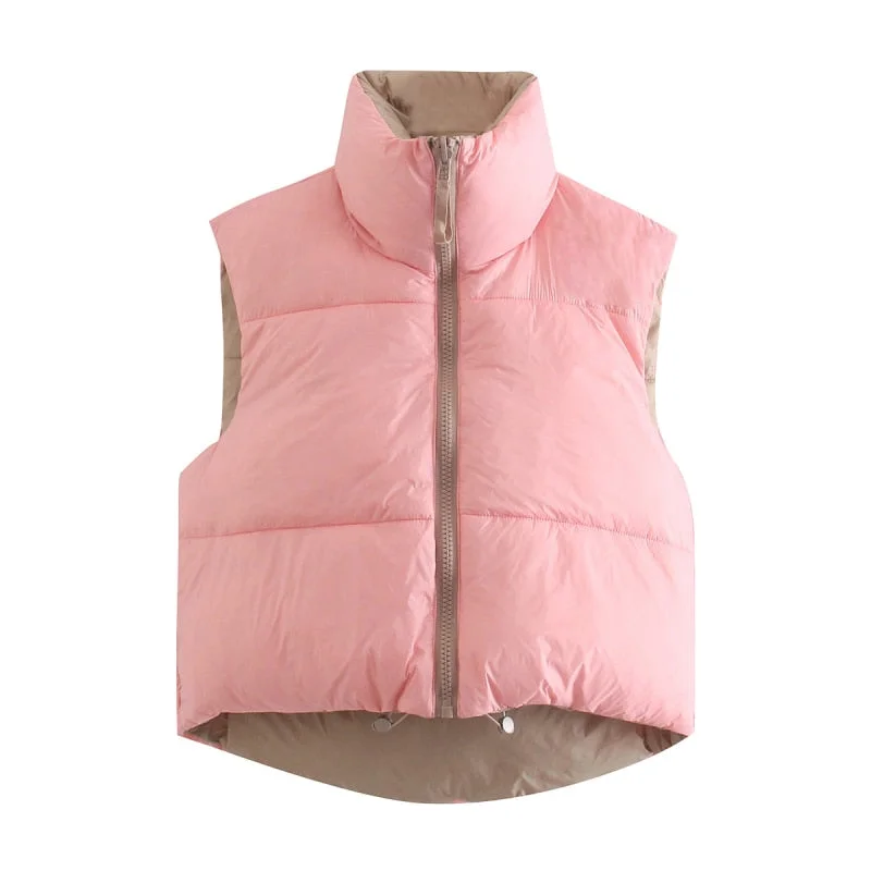 Stylish Sweet Pink Double Wear Drawstring Cropped Vest Coat Women 2021 Fashion Stand Collar Zipper Waistcoat
