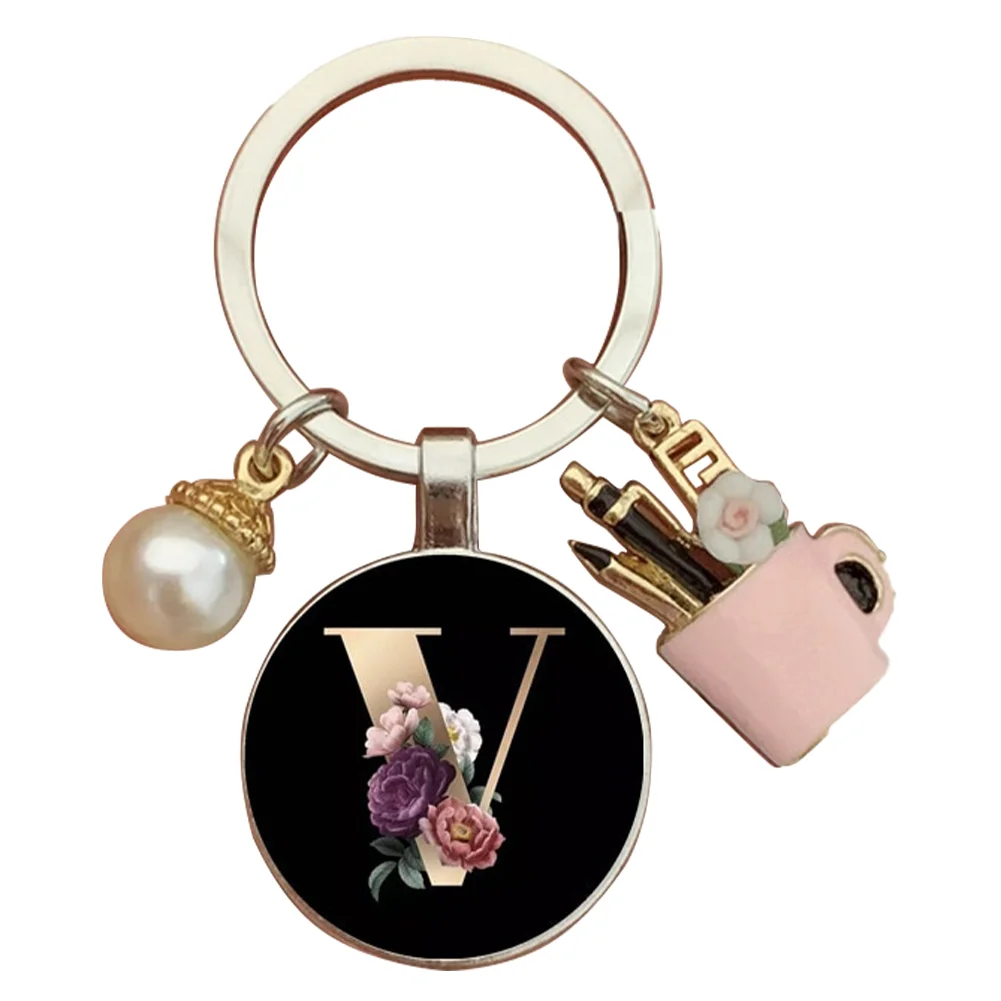 Resin Alphabet Letter Keychain Pearl Alphabet Key Ring Charms for Key Handbag Backpack