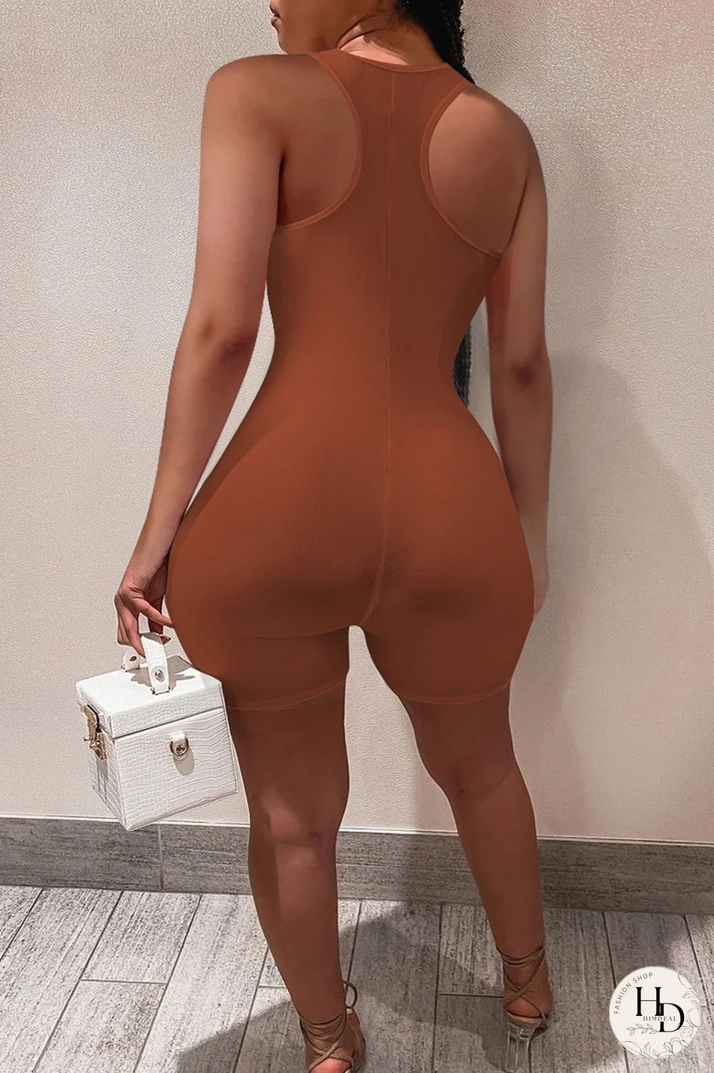 Army Green Casual Sportswear Solid Backless U Neck Skinny Romper