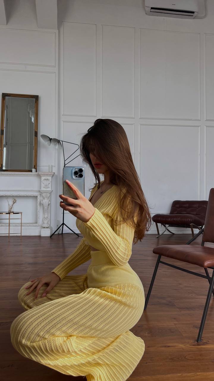 Ootddress Women Casual Knitted Sweater Outfits Buttons See-Through Long Sleeve High Waist Knit Two Piece Fashion Trousers Outfits