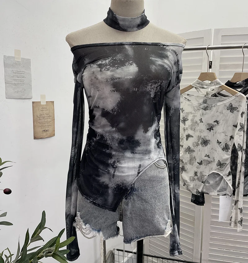 Nigikala Nigikala Tie-Dye-Print Single-Layer Mesh Yarn Lint Sun Hoodie Irregular Long-Sleeved T-Shirt Repair On The Body 1962