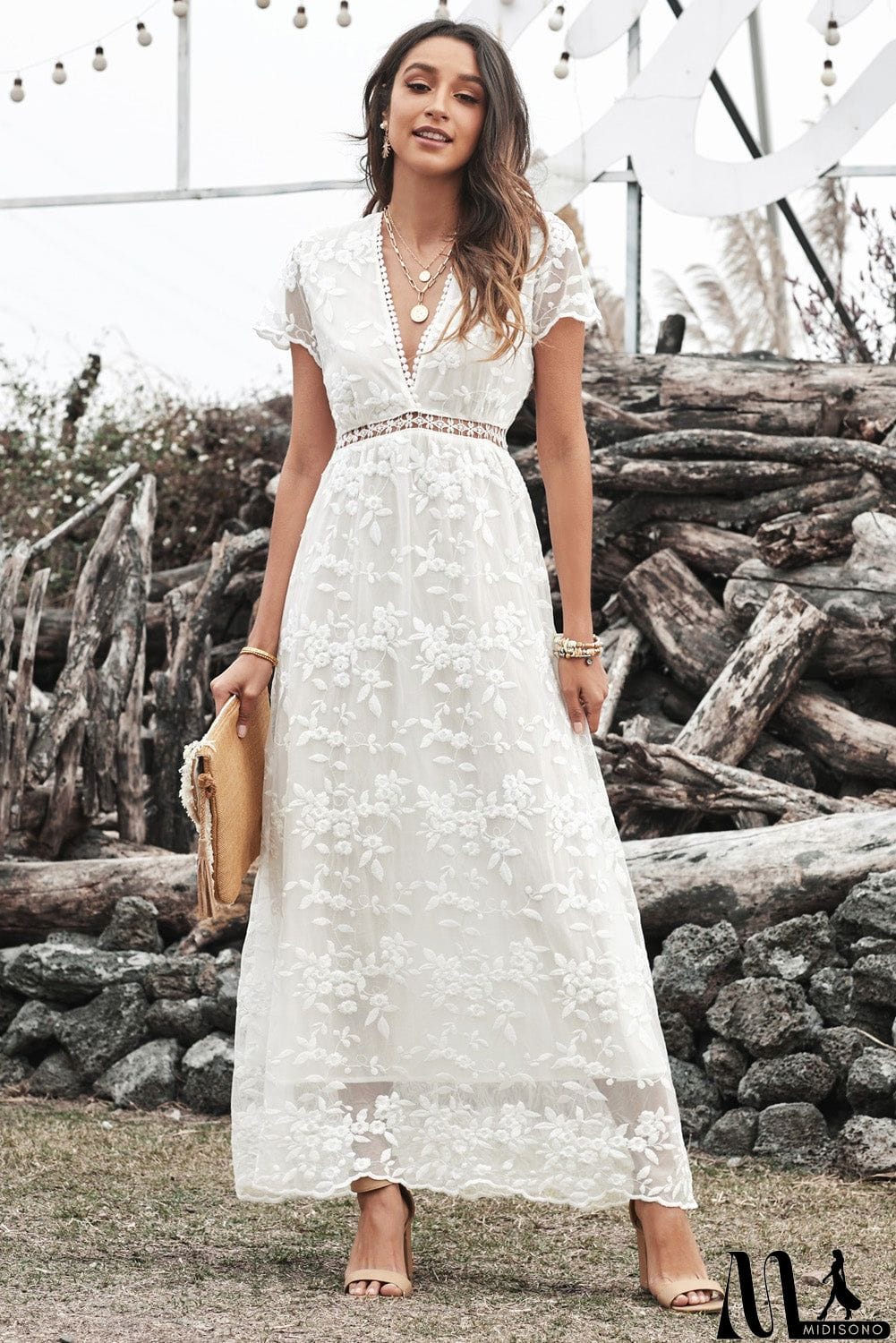 MidiSono - V Neck Lace Maxi Dress