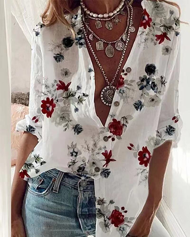 Women's New Printed Shirts Roll Up Sleeves Loose V-Neck Tops