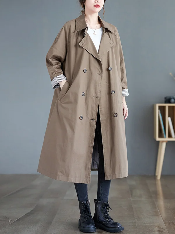 Long Sleeves Loose Buttoned Pockets Notched Collar Trench Coats