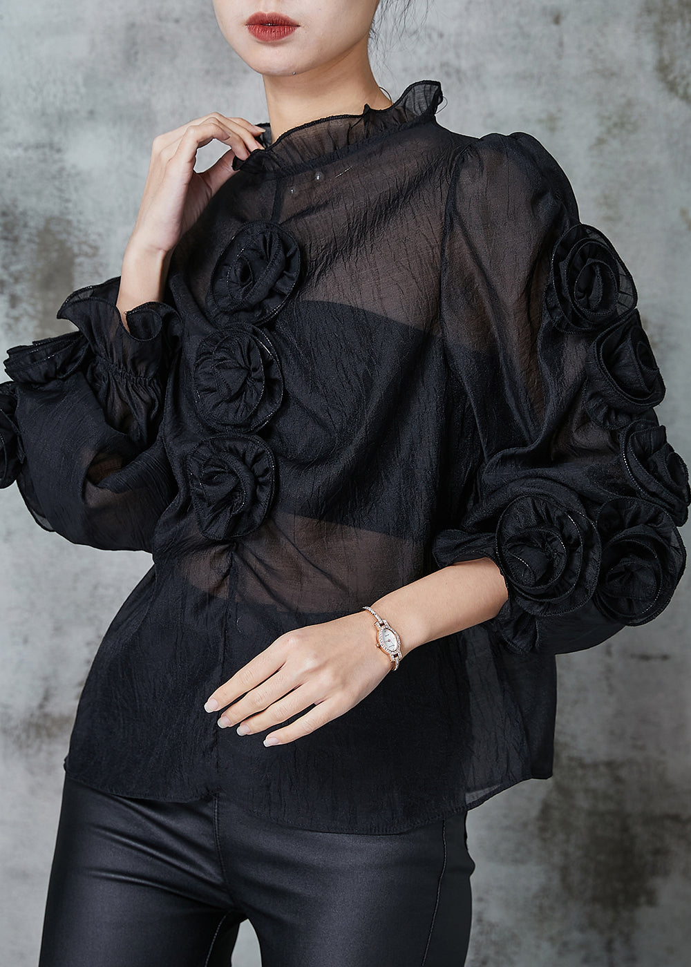 VCSHOES Black Ruffled Floral Chiffon Shirt Spring