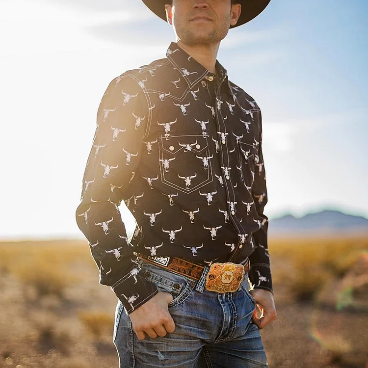Men's Western Bull Head Print Casual Shirt