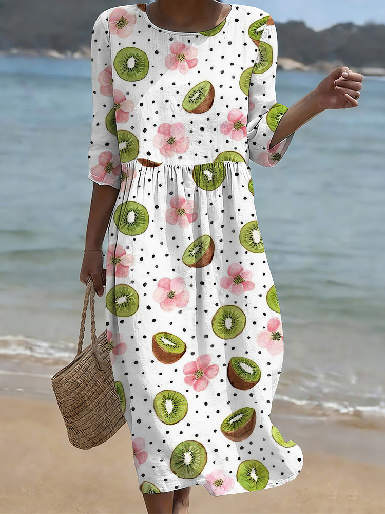 Kiwis & Flowers Art Pattern Cozy Linen Midi Dress wearshes