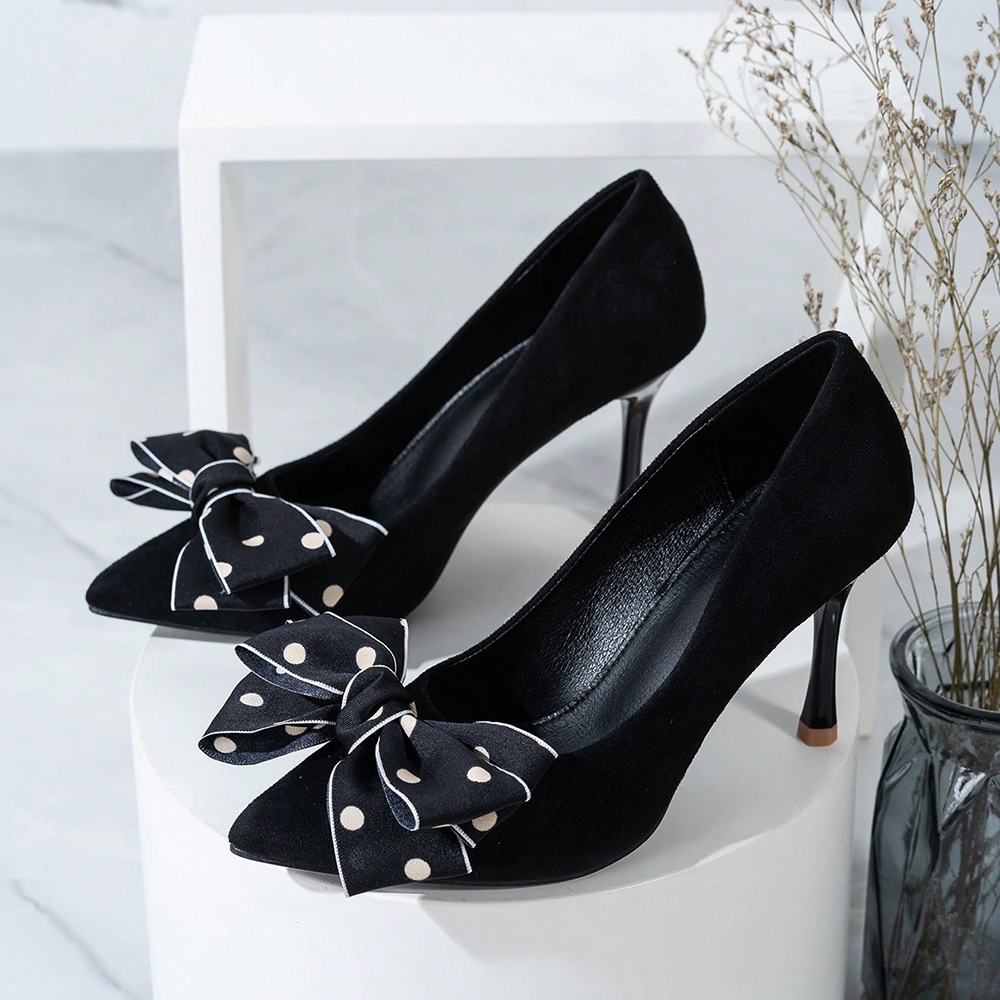 Black Faux Suede Pointed Toe 3'' Stiletto Heel Pumps with Bow Nicepairs