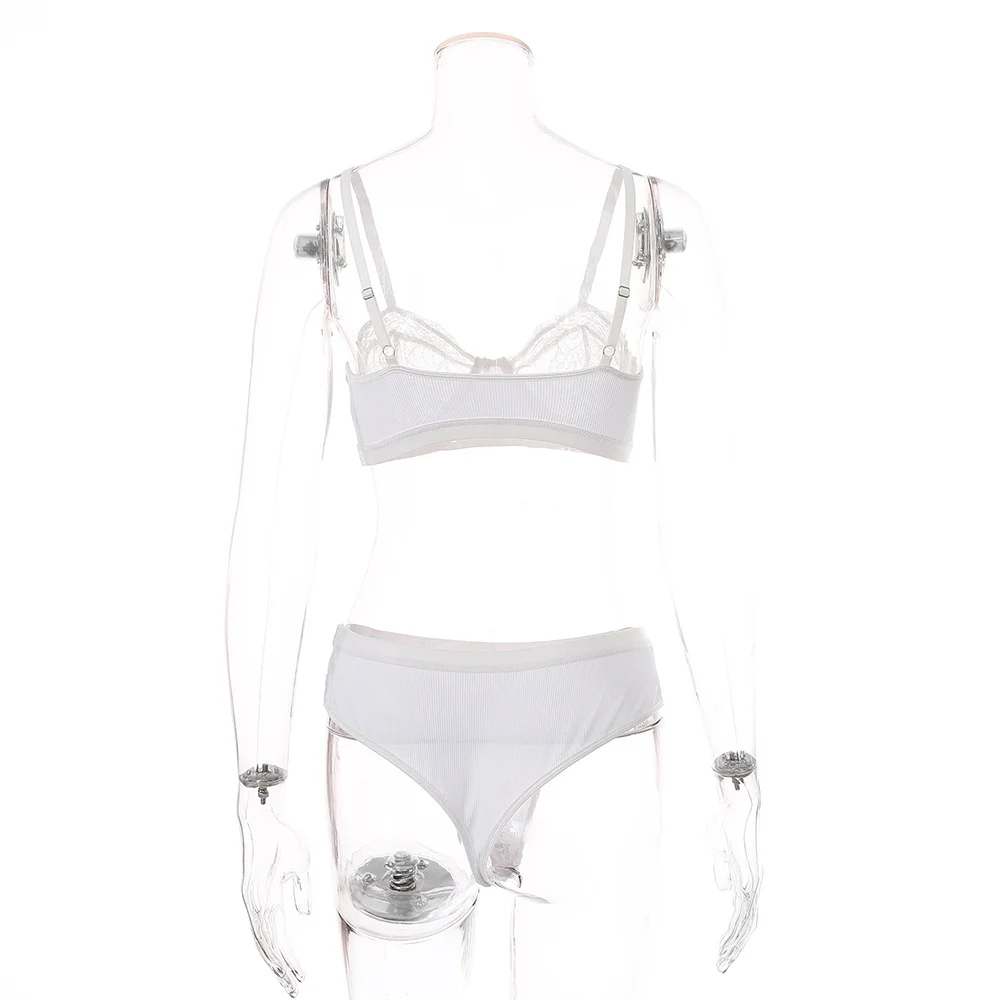 Billionm Women's Underwear Set Lace Femme Lingerie See Through Push Up Bra High Waist Panties Mesh Sexy Nightwear 2 Piece White Black