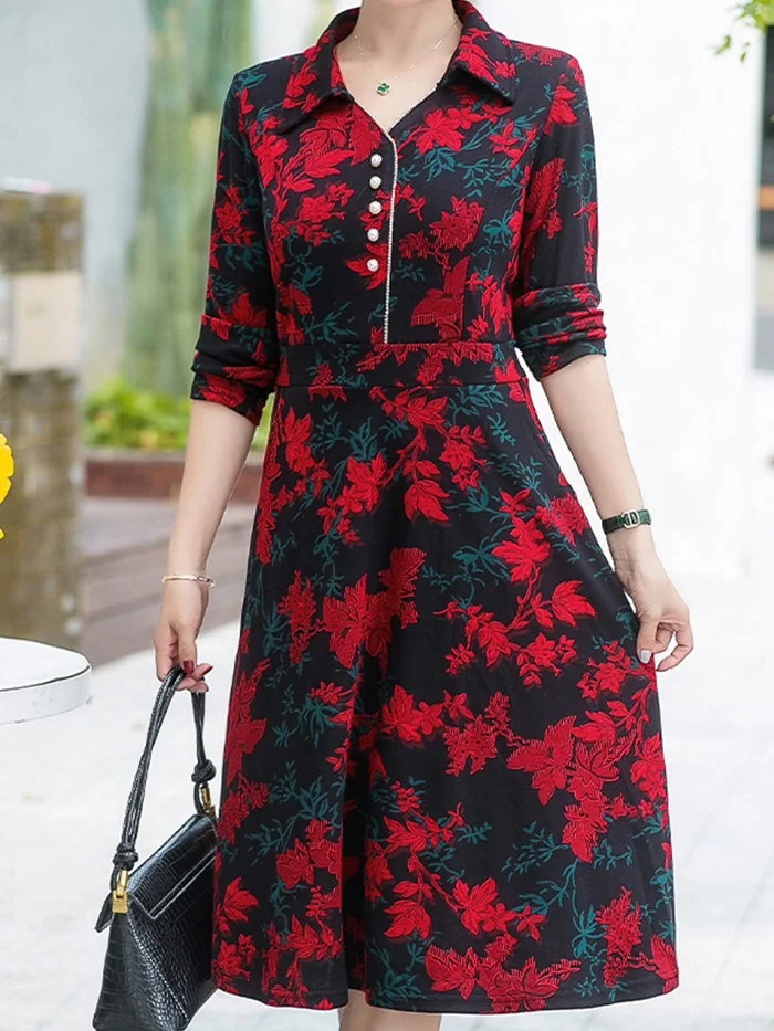 Long Sleeve Lapel Fashion Print Dress
