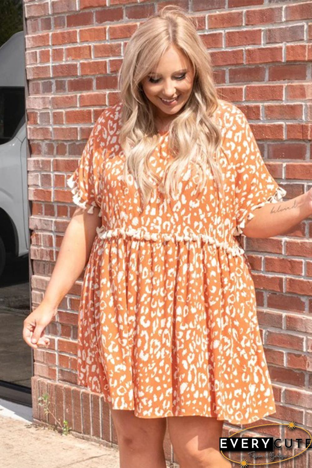 Orange Printed Tasseled Plus Size Swing Mini Dress
