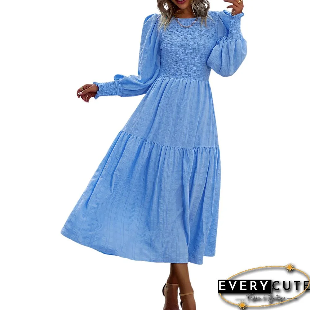 Light Blue Puff Sleeve Pleated Swing Long Dress