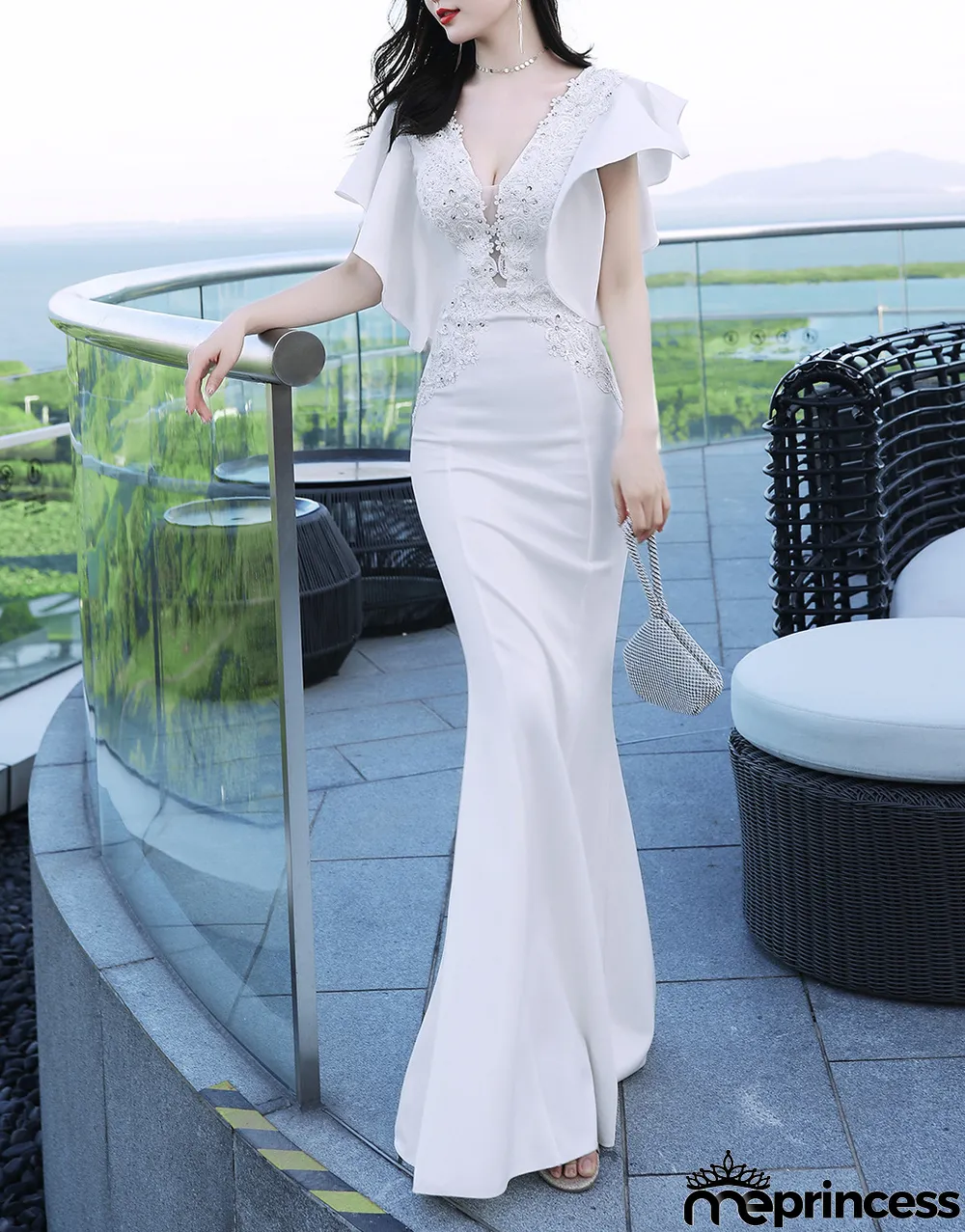 Women Elegant Lace Ruffles Short Sleeve Slim Fit Mermaid Evening Dress