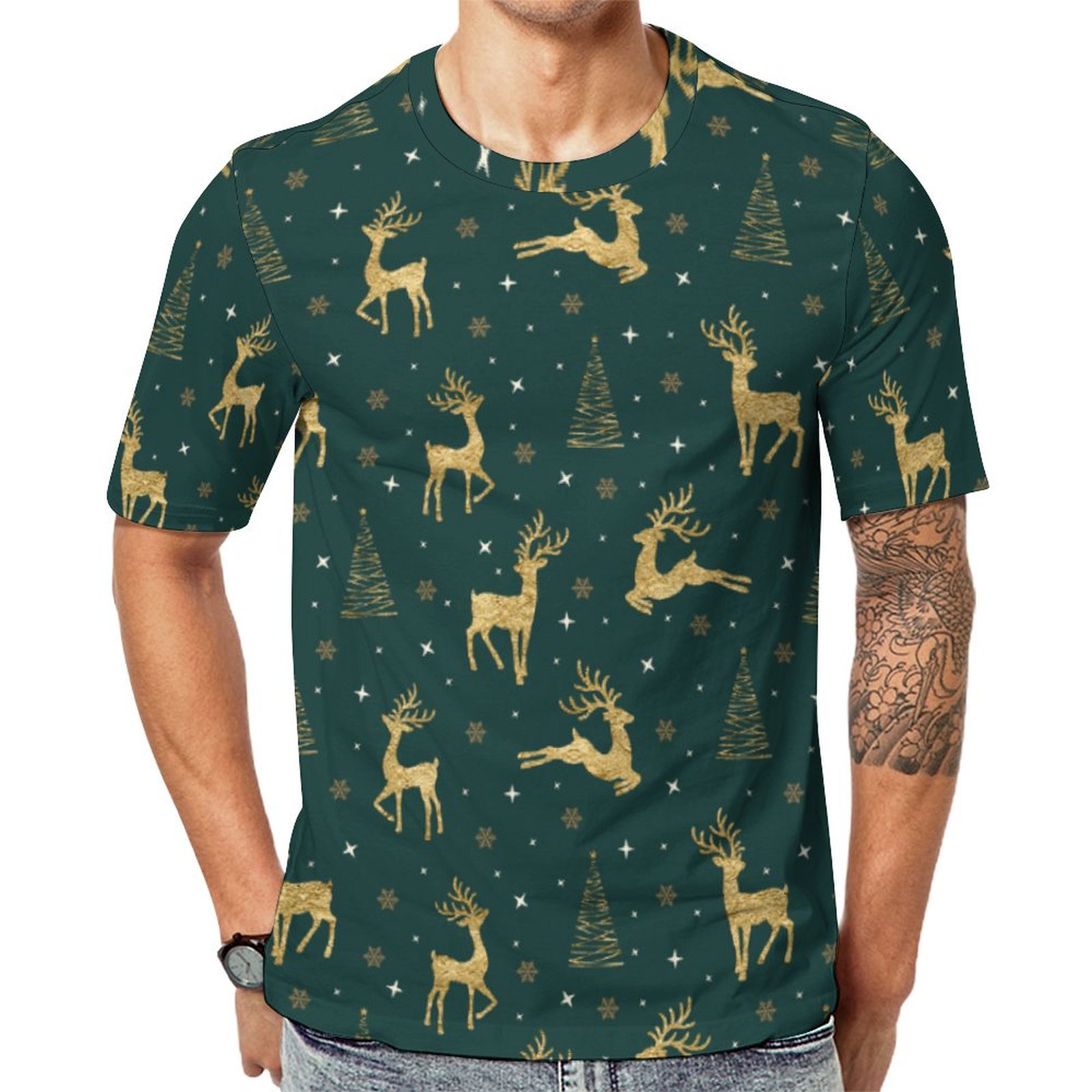Gold Reindeer Christmas Tree Snowflake Short Sleeve Print Unisex Tshirt Summer Casual Tees for Men and Women Coolcoshirts