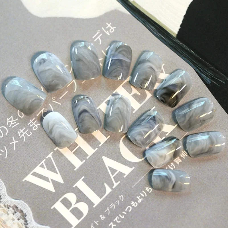 24Pcs/Set Grey Marble Design Lady Nails Acrylic Full False Nail Tips Nail Art Fake Nails Tools + Duo Side Sticker Z141-Nail Inspo