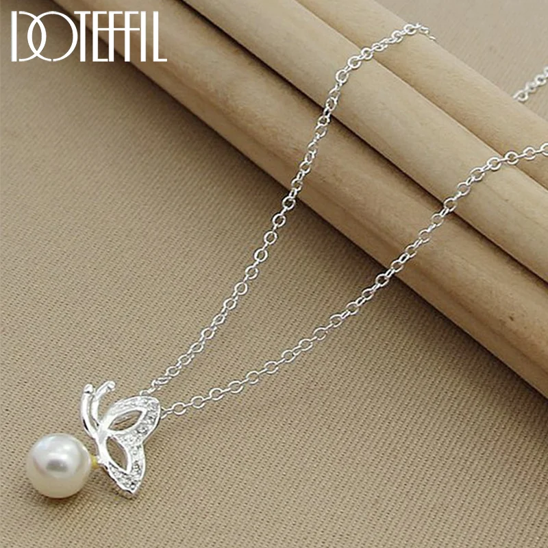 DOTEFFIL 925 Sterling Silver Round Pearl Butterfly Pendants Necklace 18 inch Chain For Woman Jewelry 