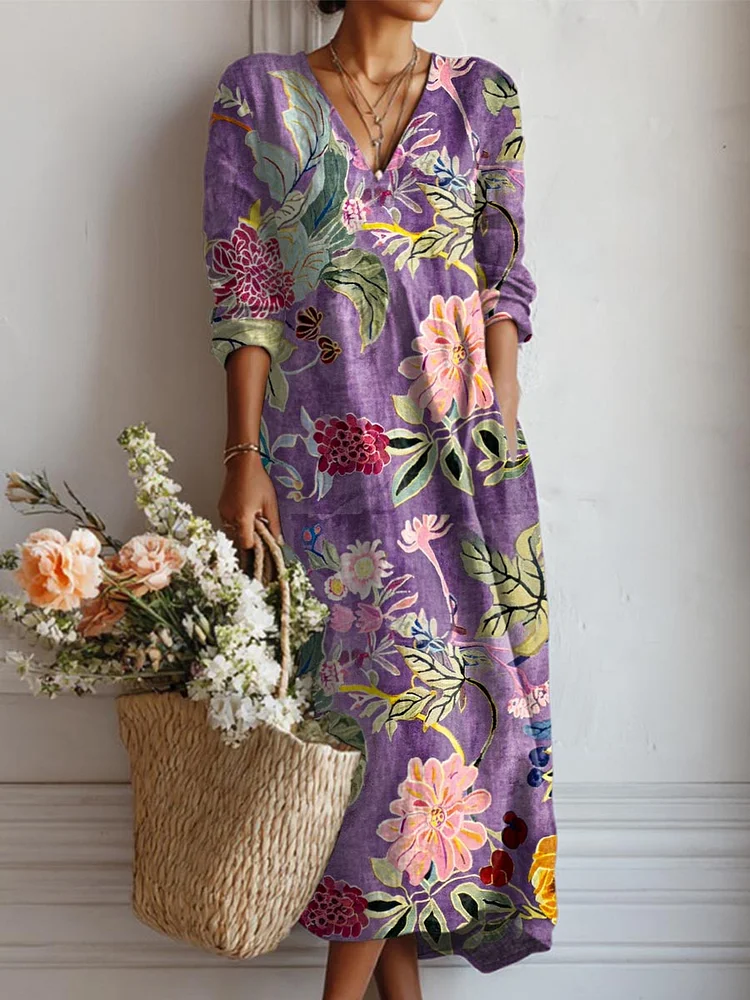 Women's Vintage Floral Art Print Casual Cotton Linen Pocket Dress