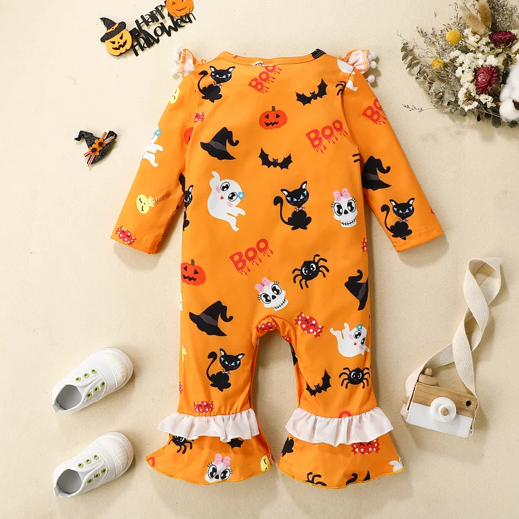 Baby Boy/Girl Halloween Pumpkin Logo Bell Bottom Long Sleeve Romper