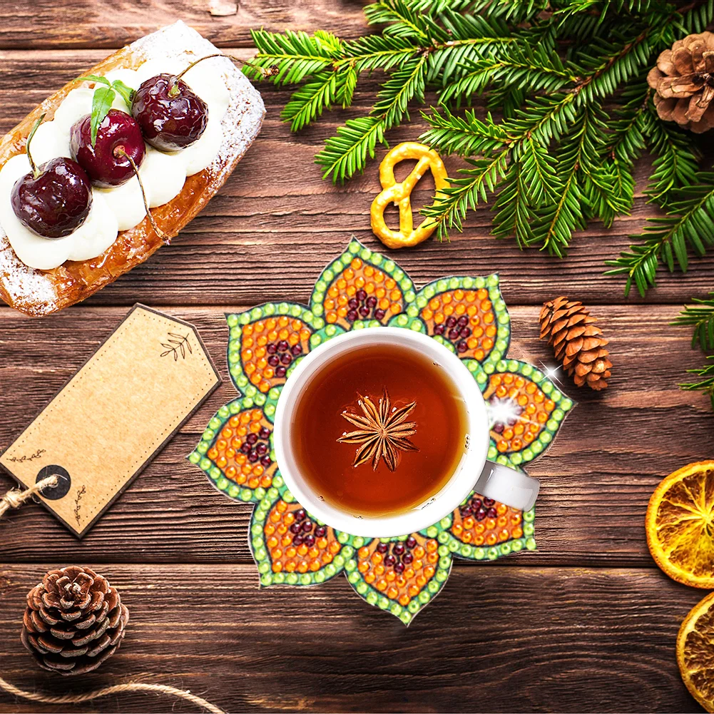 6pcs Datura DIY Diamonds Painting Coaster Woodiness with Rack Cup Pad Decor