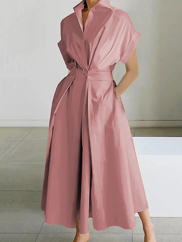 A-Line High Waisted Buttoned Pleated Pockets Solid Color Stand Collar Midi Dresses Shirt Dress