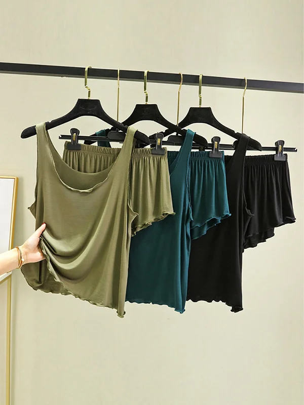 Home Wear Roomy Sleeveless Elasticity Pure Color Round-Neck Vest&Shorts Pajamas Set